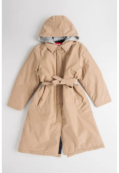 Palton petrecut cu cordon in talie si gluga - Maro camel