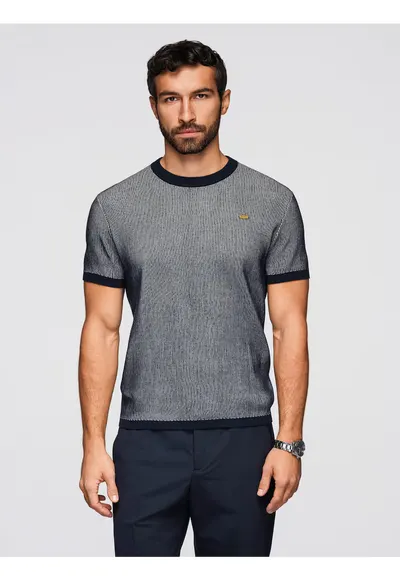 Tricou din bumbac cu tricotaj texturat OM-TSCT-0265 - Albastru inchis