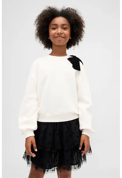 Bluza de trening cu aplicatie funda de catifea - Alb fildes/Negru