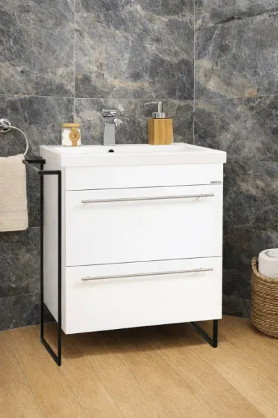 Set Baza front MDF si Lavoar seria 754, cadru metalic, sertare, montata, 60 cm, alb