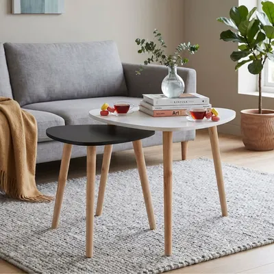 Set 2 măsuțe cafea, MDF, picioare de pin, alb-negru, 54x45 cm, 40x40 cm