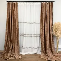 Set 2 Draperii Jacquard, Crengute cu Flori, 150cm latime x 270cm inaltime, Maro deschis + Perdea 400cm latime x 270cm inaltime, tip in cu broderie maro