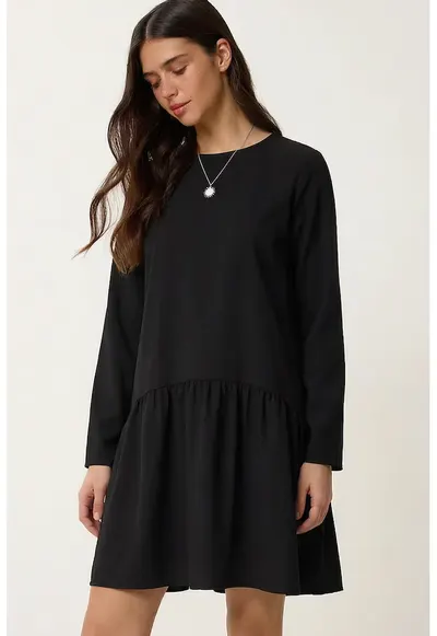 Rochie midi - Happiness Istanbul - cu guler rotund - volanase - neagra - poliester