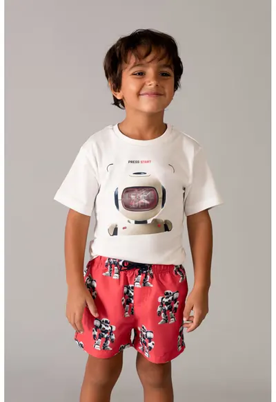 Pantaloni scurti din bumbac cu model cu roboti - Rosu vermillion