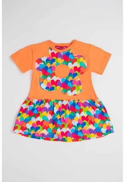 Rochie de bumbac cu maneci scurte - Verde/Portocaliu/Roz