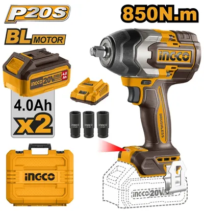 Masina de insurubat, cheie cu impact20V BL 1/2 850nm cu 2 x 4.0Ah cu baterie Ingco CIWLI2085