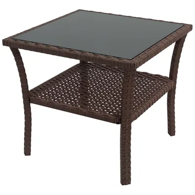 Outsunny Masă auxiliară din rășină împletită cu 2 nivele 50x50x45cm, masă de cafea pentru grădină pătrată cu blat de sticlă securizat, maro | Aosom Romania