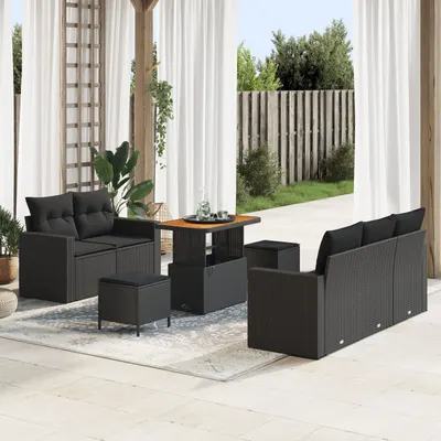Set de canapea de gradina Gossi cu 8 piese cu pernite, ratan negru, acacia, set de dining cu 3 piese pentru gradina Gossi cu pernite, ratan negru, acacia