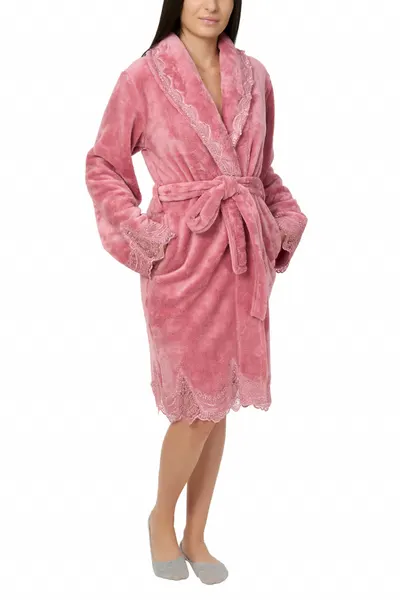 Halat dama cu aplicatii din dantela, Jeannine, dark powder pink (Marime halat: XL)