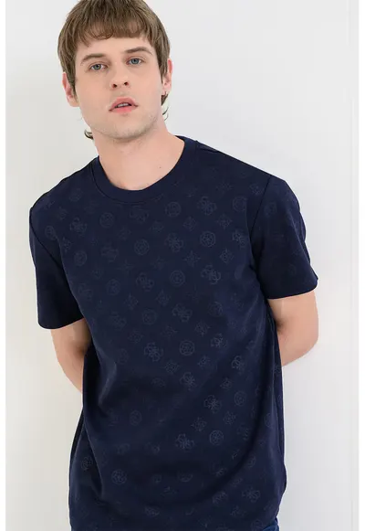 Tricou cu decolteu la baza gatului si monograma - Albastru ultramarin