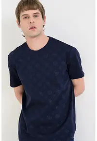 Tricou cu decolteu la baza gatului si monograma - Albastru ultramarin