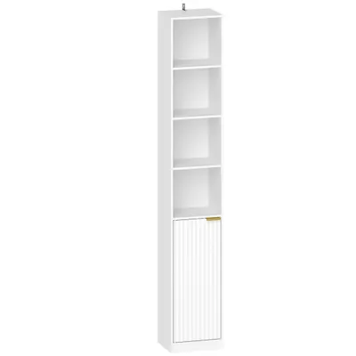 HOMCOM Raft pentru cărți cu 6 niveluri, bibliotecă înaltă și îngustă, 4 rafturi deschise, ușă și raft reglabil, alb | Aosom Romania