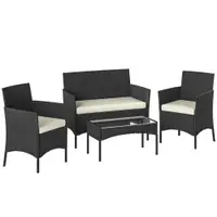Outsunny Set Mobilier Grădină din Ratan Sintetic cu Canapea, Fotolii și Masă din Sticlă Securizată și Perne Negru și Crem | Aosom Romania