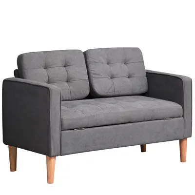 HOMCOM canapea 2 locuri, canapea cu spațiu de depozitare, picioare din lemn, canapea tapițată cu aspect catifelat pentru living, dormitor, 117x 62 x 78 cm, Gri | Aosom Romania