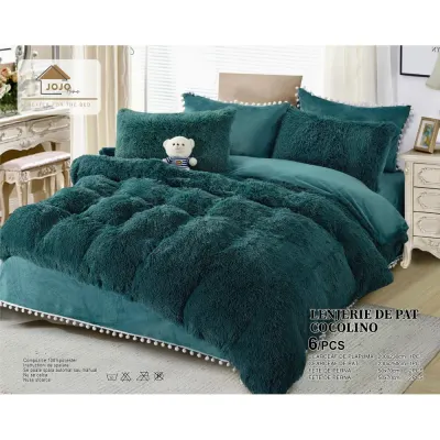 Lenjerie pat super pufoasa COCOLINO Fluffy cu ciucuri, 6 piese, VERDE INCHIS