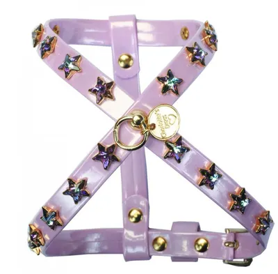 Ham ajustabil din piele ecologica, roz, decorat cu capse sub forma de stea din cristale Swarovski, circumferinta piept 31-35 cm x circumferinta gat 26 cm