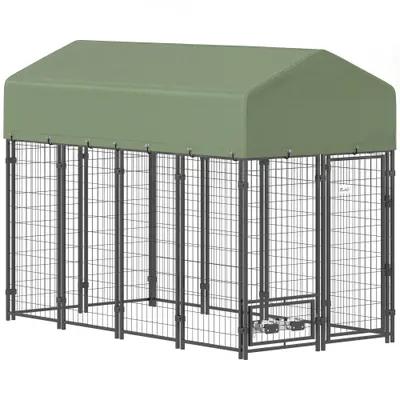 PawHut Țarc pentru Câini de Exterior din Oțel cu Acoperiș din Material Oxford, Anti-UV, Impermeabil, 2 Boluri, Verde | Aosom Romania