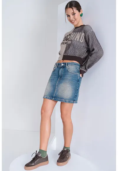 Fusta dreapta din denim cu aspect decolorat - Albastru melange