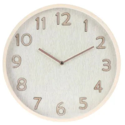 Ceas decorativ de perete, cu aspect de lemn natur și cifre reliefate, 38 cm, design modern