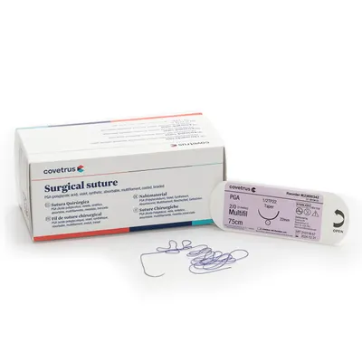 Fir sutura cu ac PGA, polifilament resorbabil, EP 3, USP 2/0, ac atraumatic 1/2TP22, 75 cm, 12 buc/set CVET