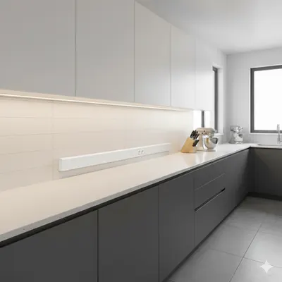Pachet plinta DLP echipata cu 4 prize Schuko si capace laterale – Solutie modulara pentru birouri si bucatarii, 2 metri