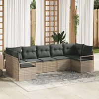 Set canapea gradina 7 piese cu pernute gri ratan poli, canapea gradina 2 locuri cu spatiu de depozitare & pernute gri ratan poli