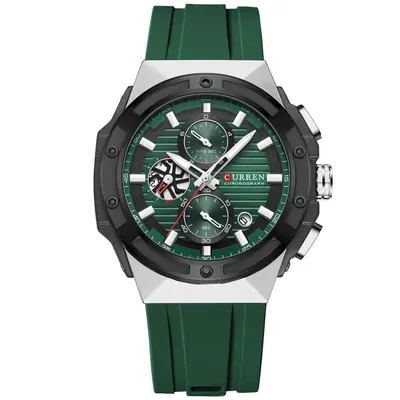 Ceas Bărbați Curren 8462 Verde Smarald, Cronograf Quartz, Curea Silicon Verde, Rezistent la Apă 3ATM