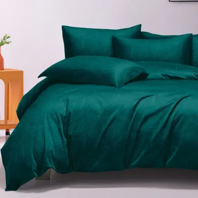 Lenjerie pat dublu, Finet tip Damasc cu Frunze, 6 piese, Verde