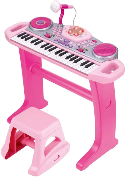 Pian pentru copii cu scaun si microfon WinFun - Rock star set, 37 de clape, roz