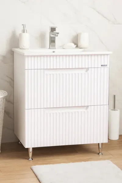 Set Baza front MDF si Lavoar seria 033, cu sertare, montat, 60 cm, alb rustic