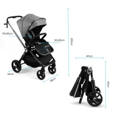 Carucior reversibil 2 in 1 pentru copii Kidnort Isbjorn Black, pliere compacta, spatar si viziera reglabile, roti cu suspensii, pana la 22 kg, Landou inclus