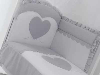 Set lenjerie de lux din bumbac cu broderie, protectie laterala, pilota, pentru pat bebelusi Cuore di Mamma Gri Italia