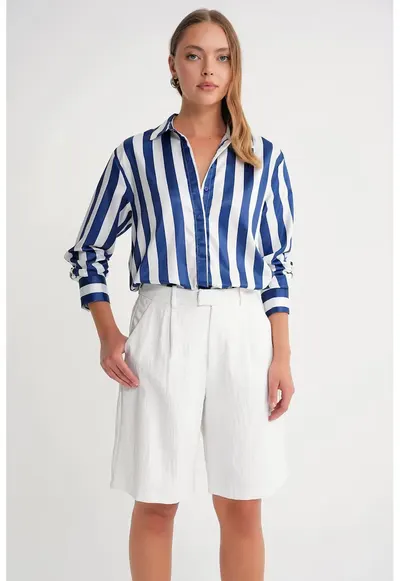 Camasa dama - camasa poplin - dungi - albastru marin - textil
