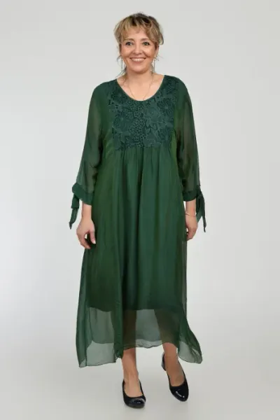Rochie verde lunga, din matase si vascoza cu platca din dantela pe fata si pe spate