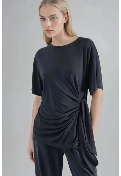 Tricou dama guler rotund - croiala lejera - gri inchis - jerseu