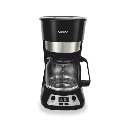 Cafetiera Daewoo DCM90BX, 900 W, 1.5 litri, display LCD, filtru permanent, anti-picurare, timer, pornire automata, mentinere cald 40 min, Negru/Inox
