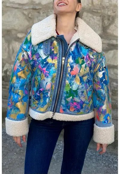 Jacheta pictata manual - de denim - cu captuseala de blana shearling sintetica - Galben/Albastru melange