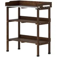 Outsunny Masă de grădină din lemn cu suprafață metalică, rafturi și cârlige pentru grădină, terasă 76x37x89 cm Carbonizat | Aosom Romania