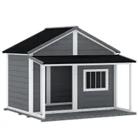 PawHut Casuță din Lemn de Exterior pentru Câini, Cușcă pentru Câini cu Terasă, Fereastră și Acoperiș Impermeabil, 124x112x105 cm, Gri | Aosom Romania