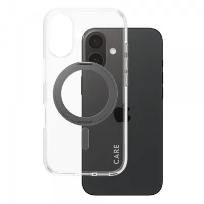 Husa MagSafe pentru Apple iPhone 16, PanzerGlass, Care Feature Kickstand, Transparenta Neagra