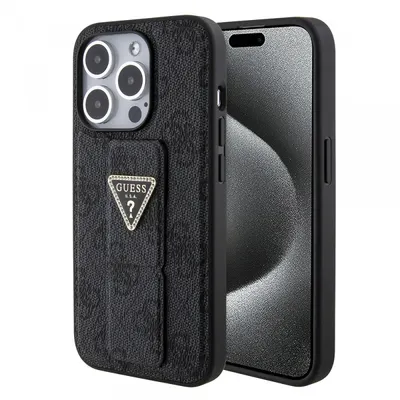 Husa pentru Apple iPhone 15 Pro, Guess, Grip Stand 4G Triangle Strass, Neagra