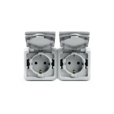 Priza Schuko 2 x 2P+T, 16 A - 250 VA cu protectie pentru copii, IP44, alb