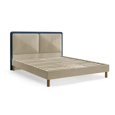 Pat matrimonial albastru/bej tapițat tapițat cu somieră 140x190 cm Mara – Bobochic Paris