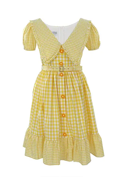 Rochie cu model in carouri si guler amplu Luna - Alb/Galben sofran