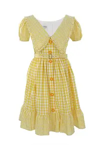 Rochie cu model in carouri si guler amplu Luna - Alb/Galben sofran