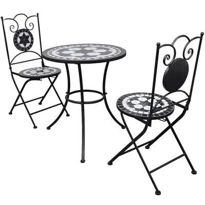 vidaXL Set mobilier bistro, 3 piese, negru/alb, plăci ceramice