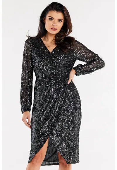 Rochie asimetrica cu paiete - decolteu petrecut si maneci lungi - - Negru