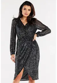 Rochie asimetrica cu paiete - decolteu petrecut si maneci lungi - - Negru