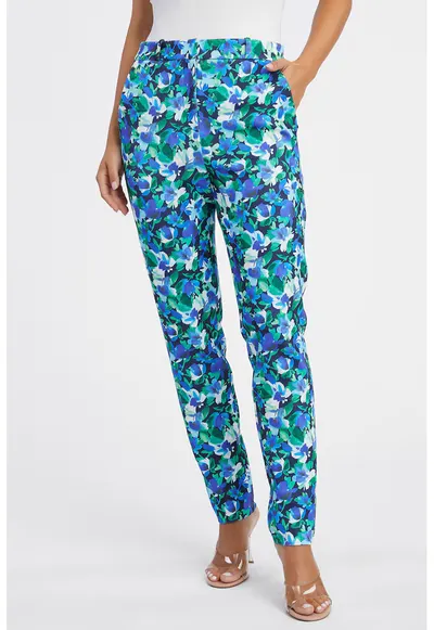 Pantaloni cu talie inalta si model floral - Alb/Verde/Albastru