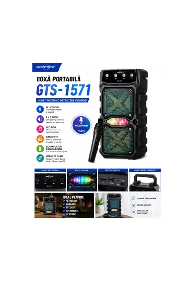 Boxa Portabila Bluetooth GTS-1571 cu Microfon Wireless, 2 x 3 Inch, LED RGB, Radio FM, USB, TF Card, Acumulator Reincarcabil